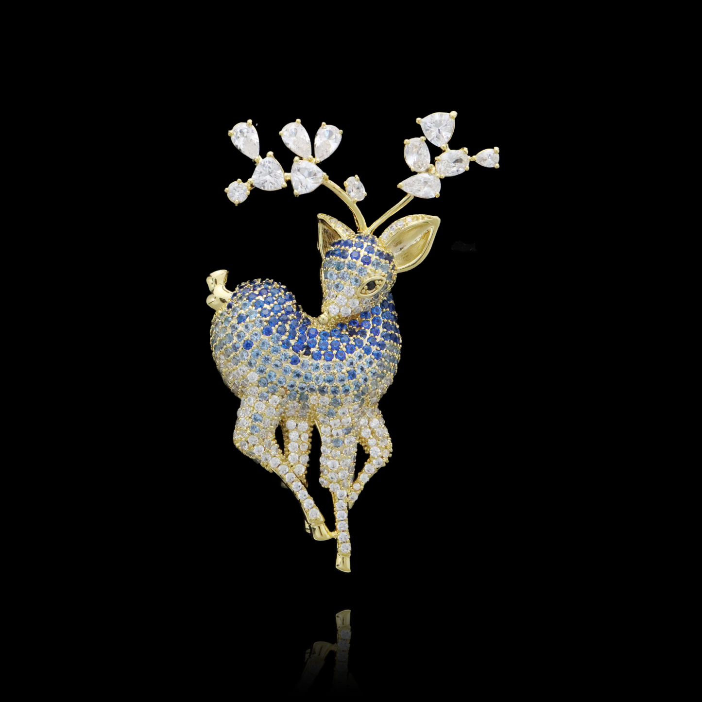 Blue Gemstone Encrusted Fawn with Golden Antlers Brooch