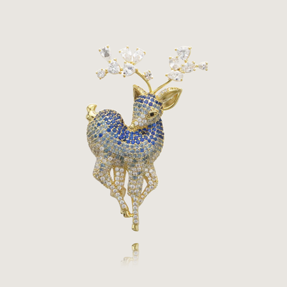 Elegant Deer Brooch in Sapphire Hues with Diamond Accents