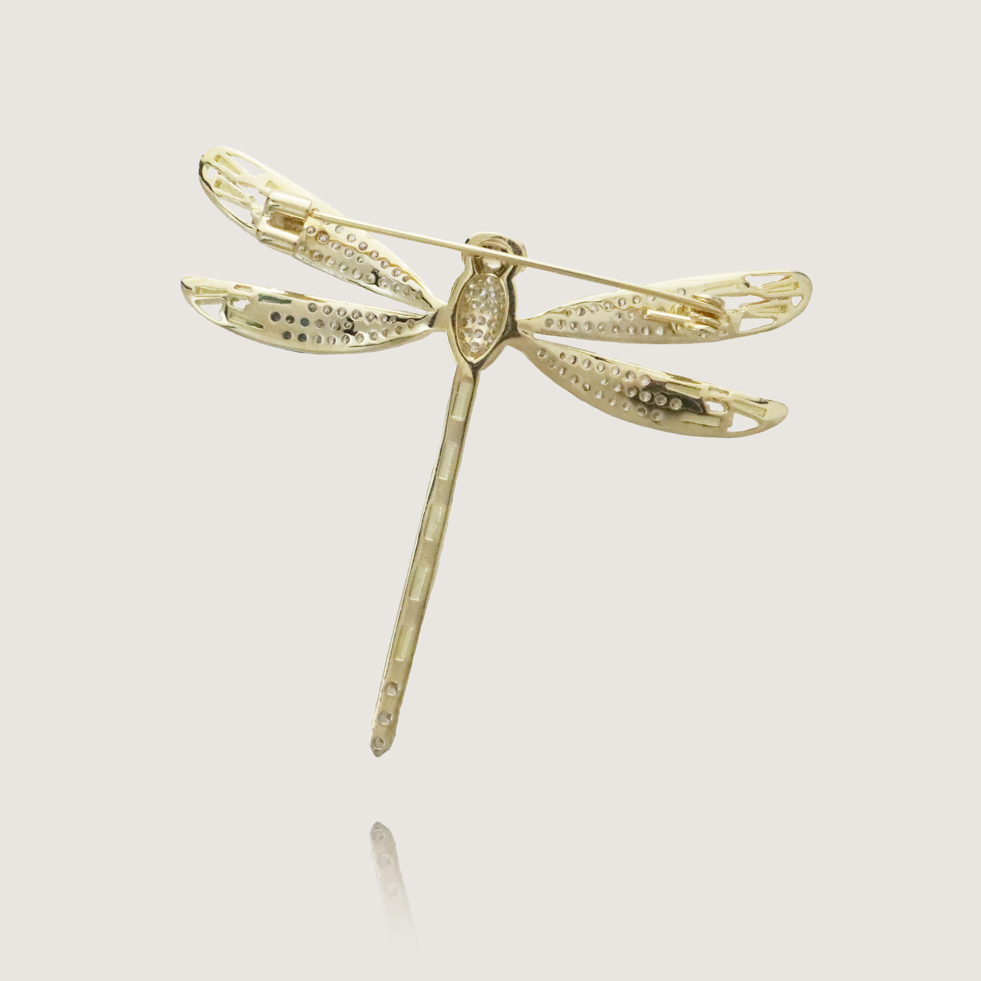 Elegant Dragonfly Pin in Gold, Embellished with Diamonds and Pink Crystals.