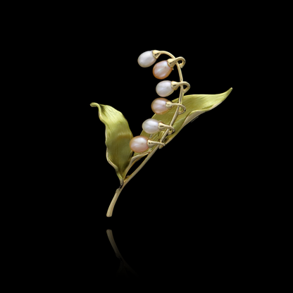 Elegant lily of the valley brooch with natural pearls on golden stems