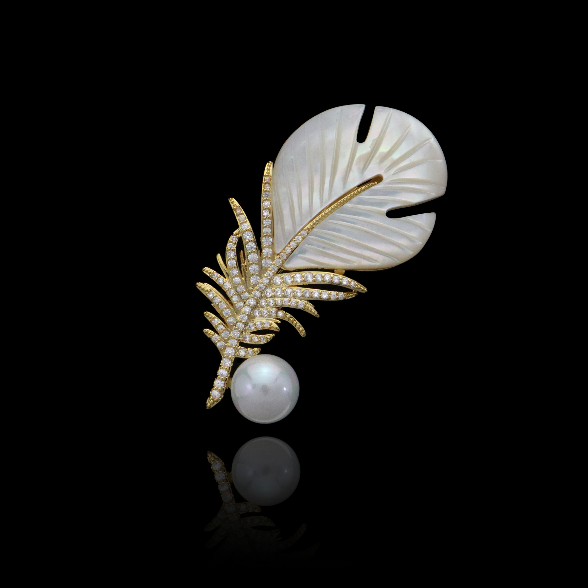 Elegant Mother of Pearl Feather Brooch with Diamond Detail and Pearl Embellishment