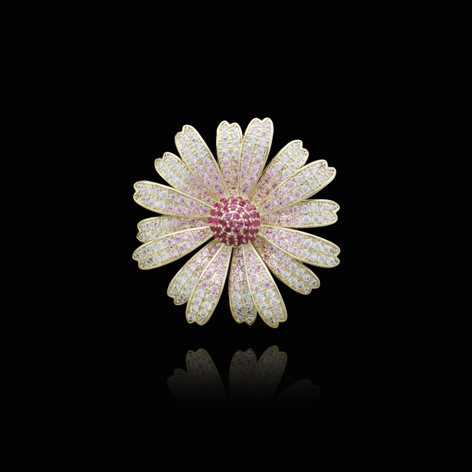 Elegant pink gemstone daisy brooch with diamond accents