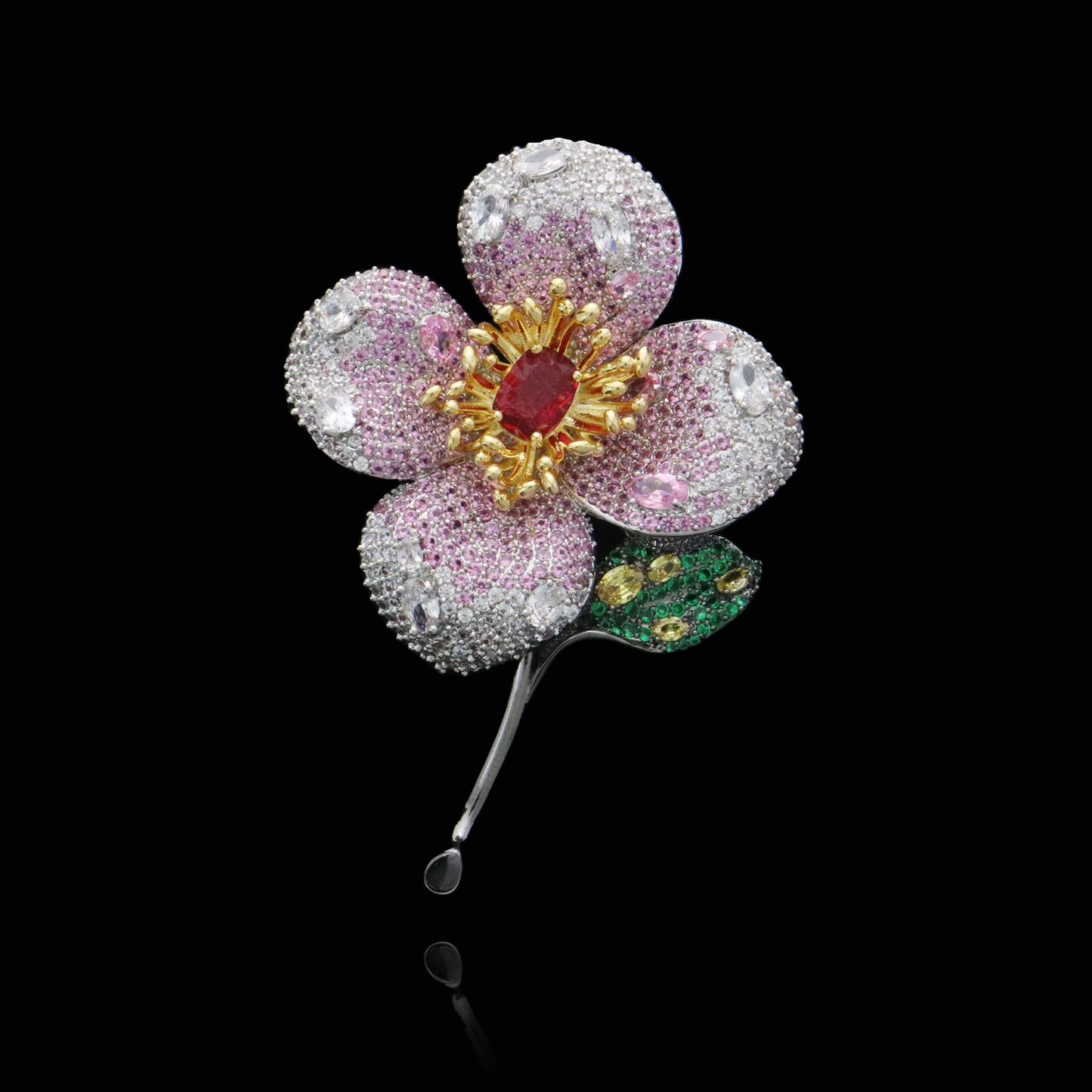 Elegant Pink Gemstone Flower Brooch with Ruby Center and Emerald Leaf