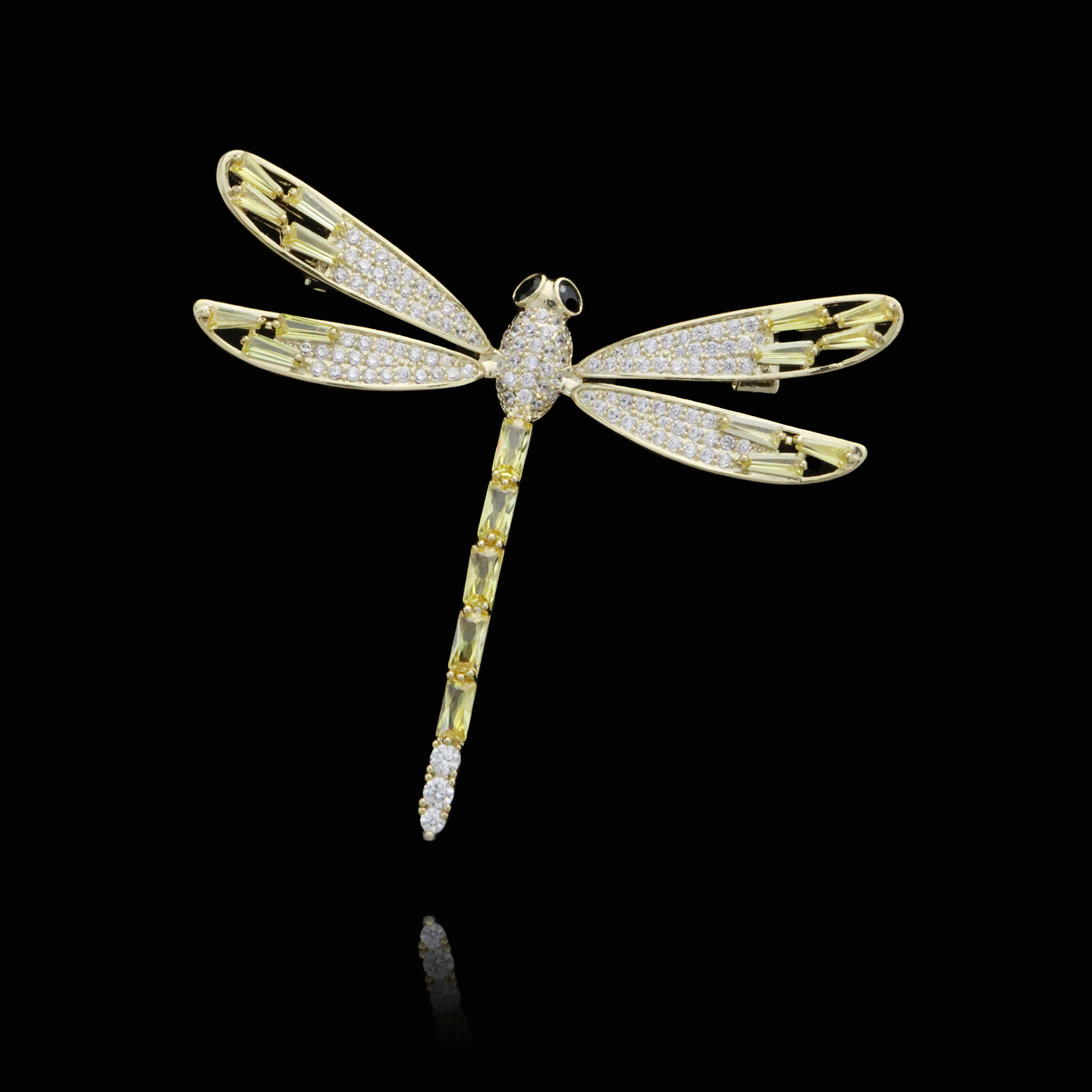 Glistening Gold-Toned Dragonfly Brooch with Black Eyes and Diamond Accents