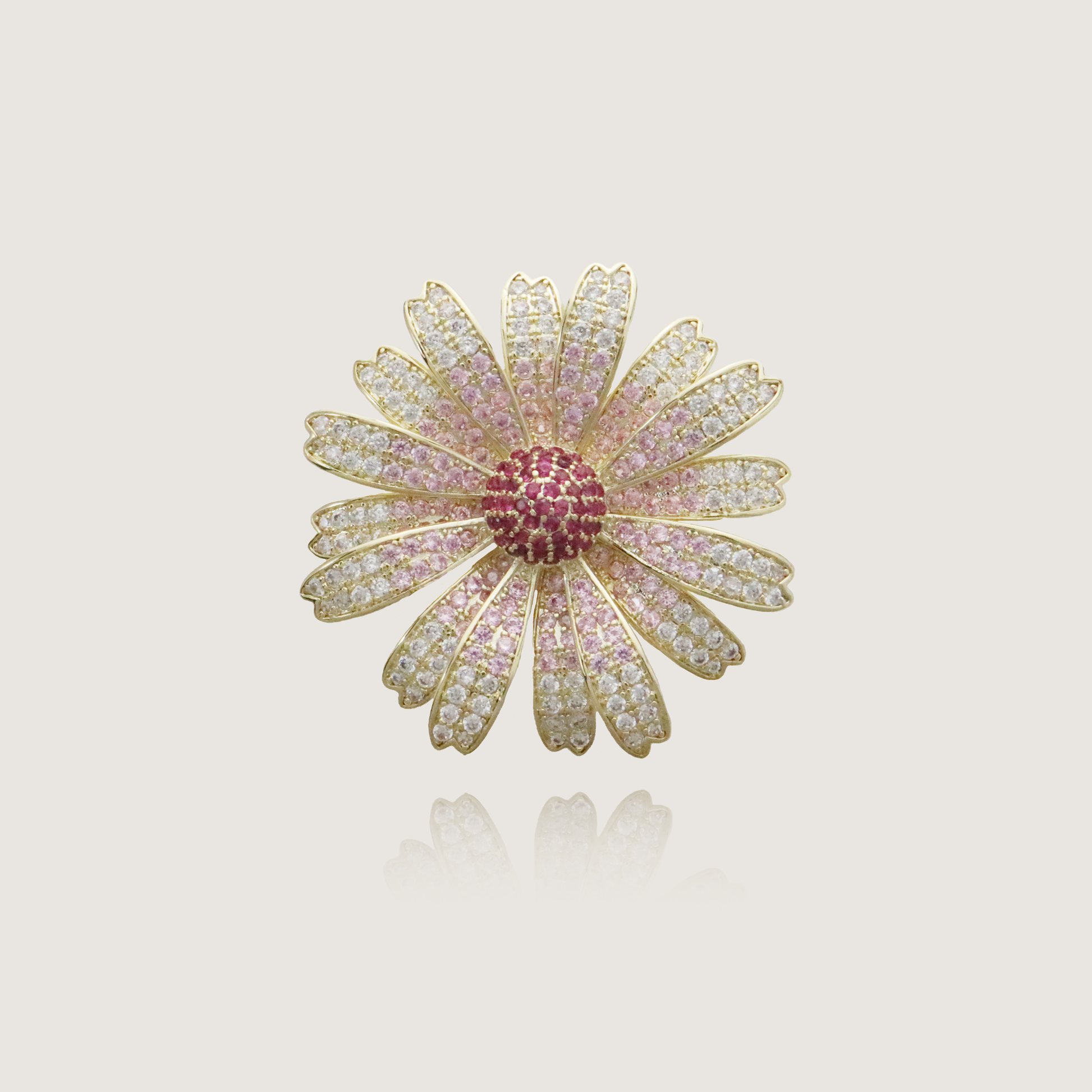 Golden daisy pin with sparkling pink and clear diamonds