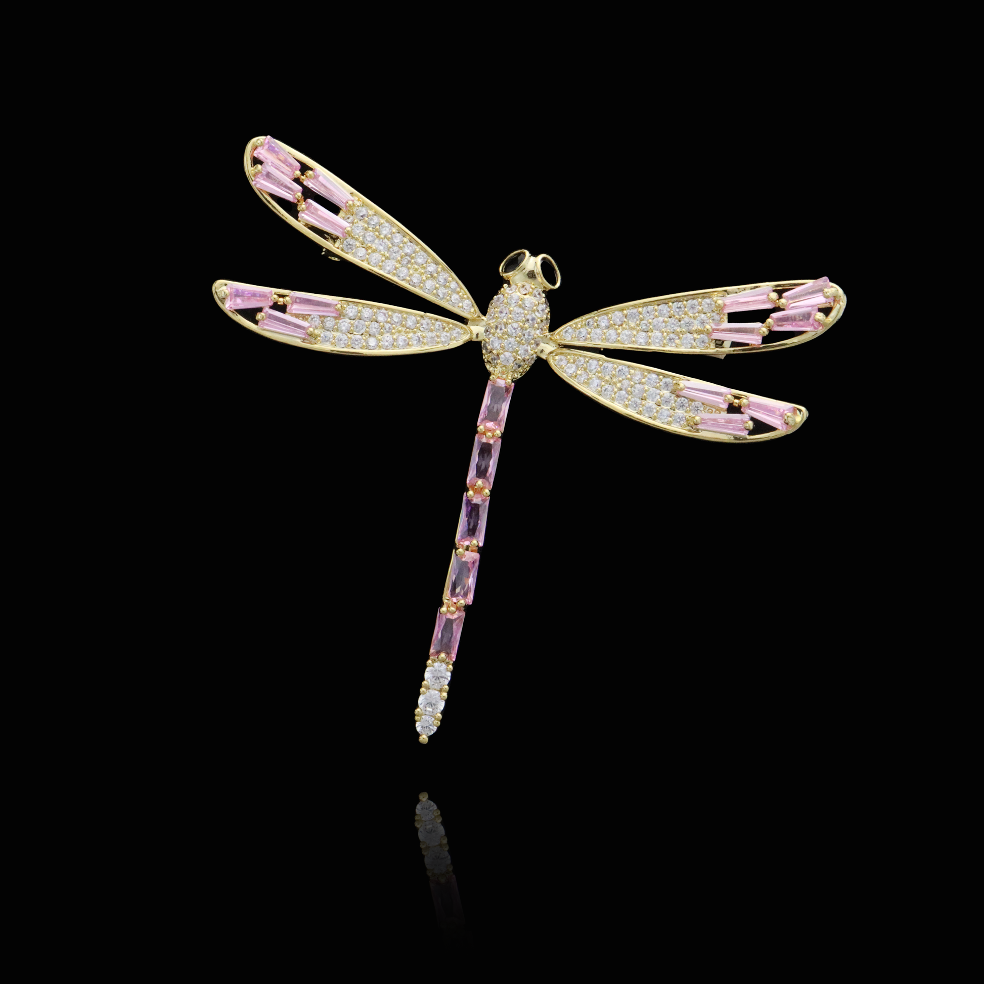 Graceful Gold Dragonfly Brooch with Pink Gemstone Wings and Diamond Details