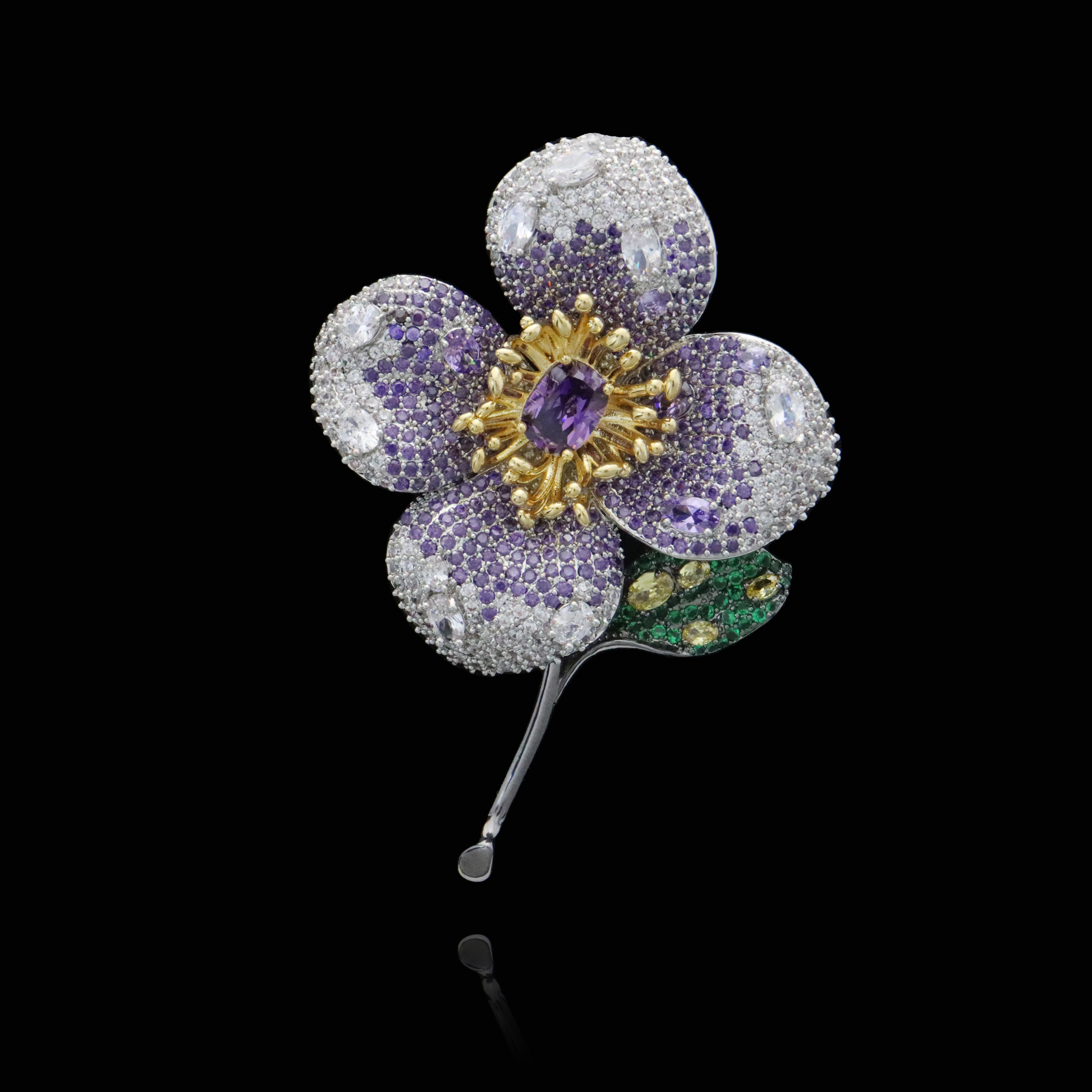 Lavender Blossom Brooch with Amethyst Center and Emerald Leaf Accent