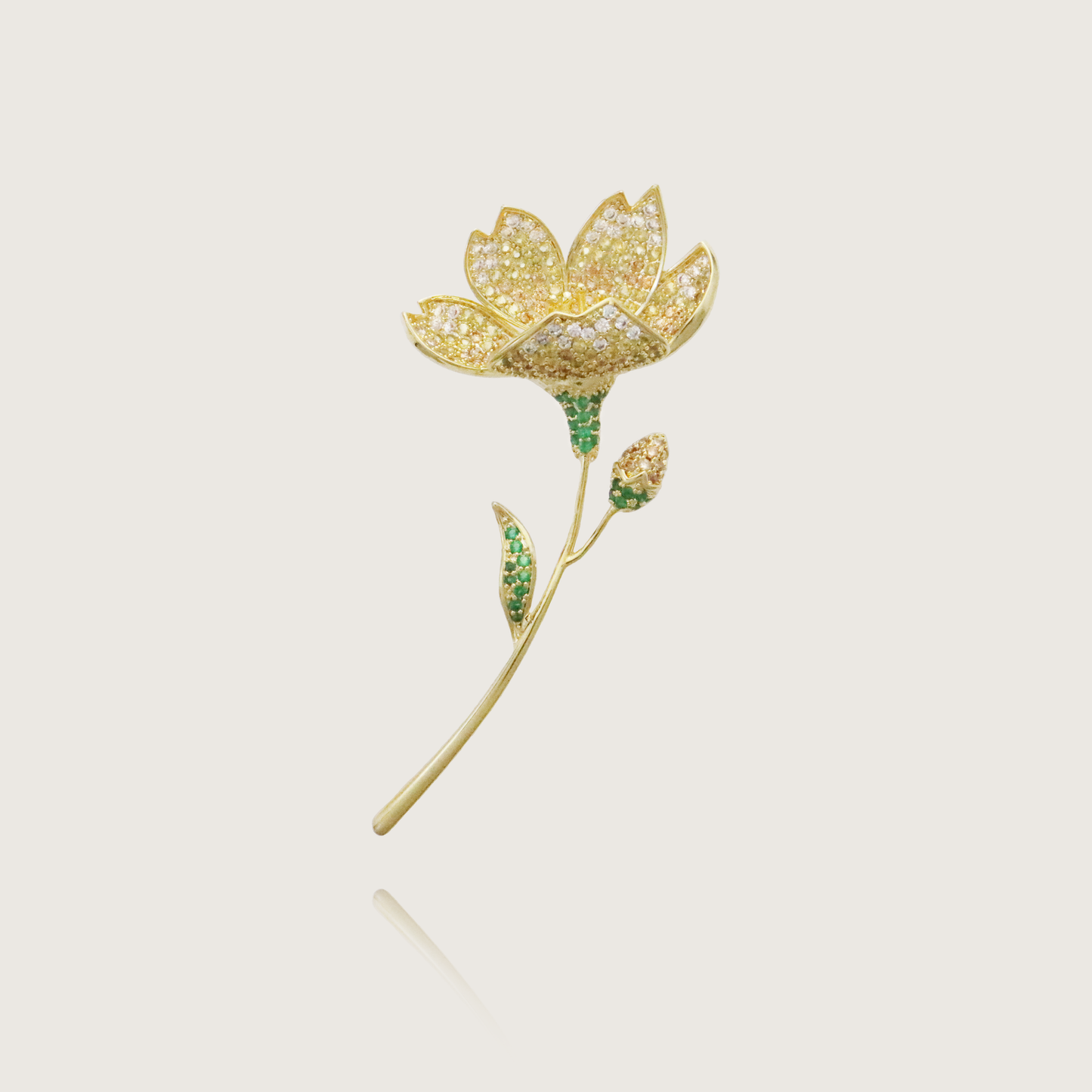 Luxurious Diamond-Encrusted Flower Pin with Green Leaf Details