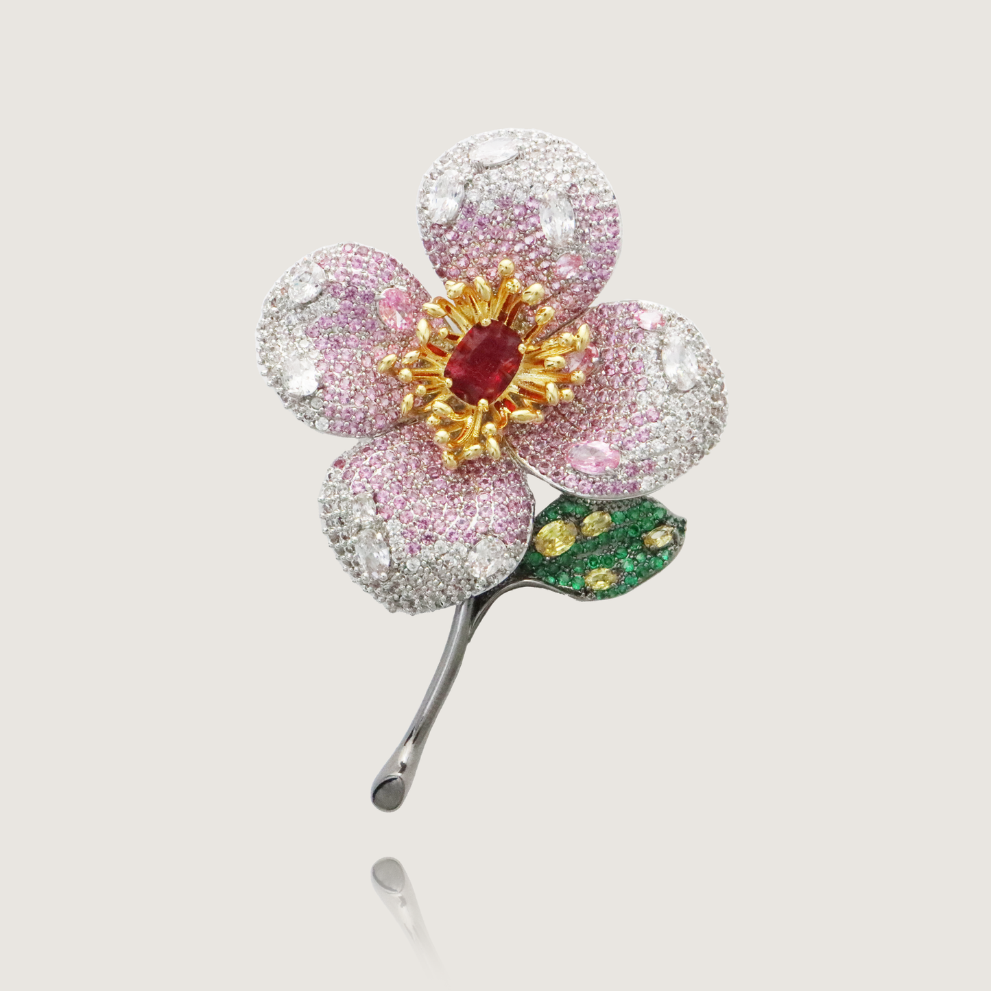 Luxury Floral Brooch with Pave Diamonds, Pink Stones, Ruby, and Emerald