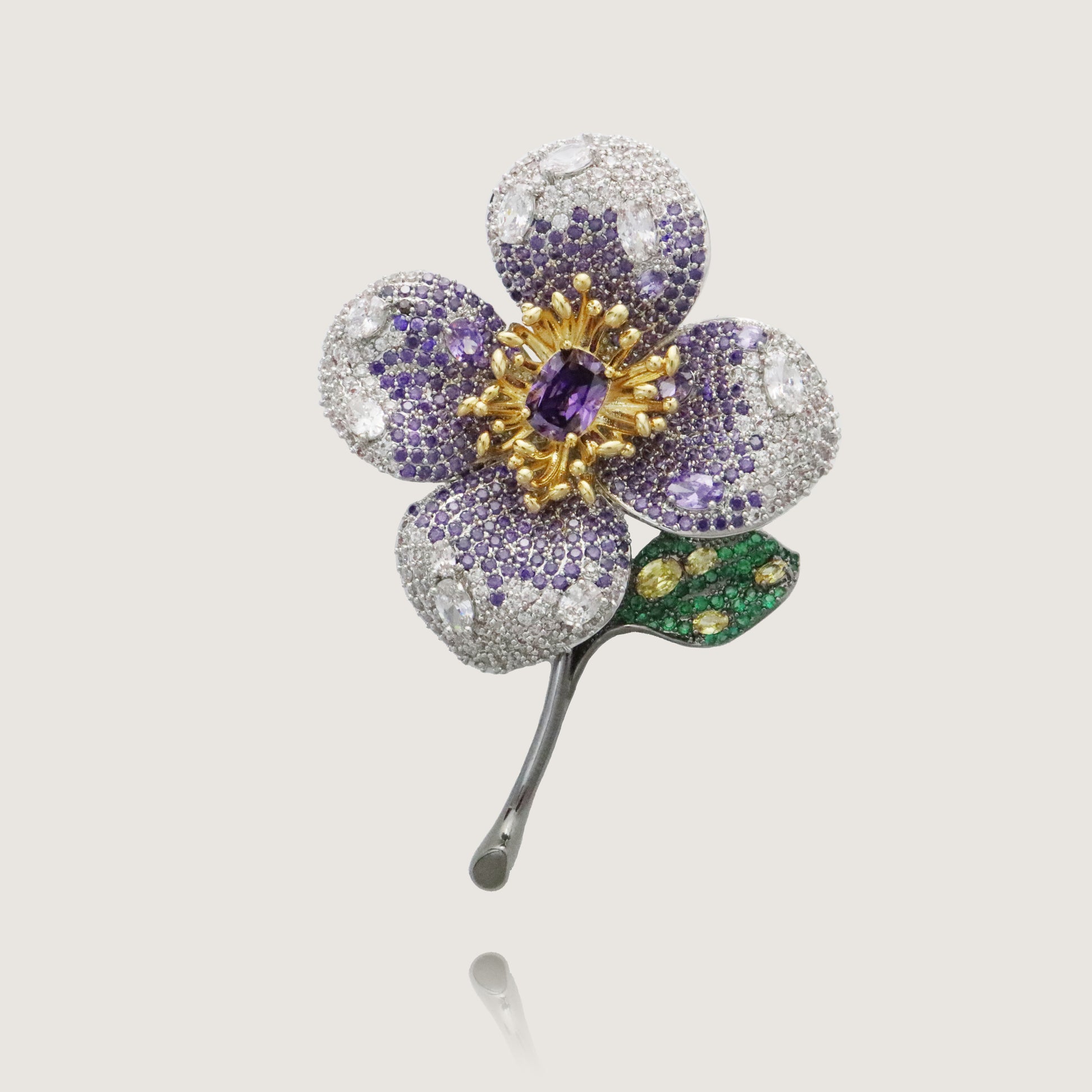 Luxurious Flower Brooch with Amethyst and Pave Diamonds