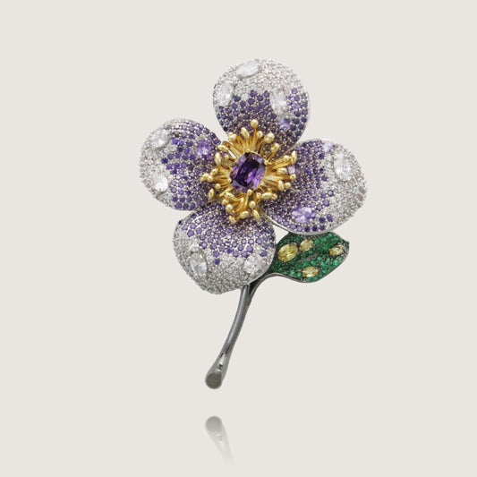 Luxurious Flower Brooch with Amethyst and Pave Diamonds