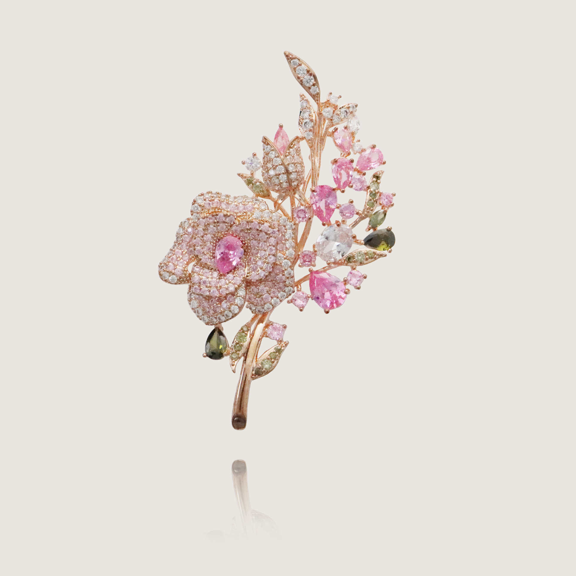 Luxury rose blossom brooch with diamond petals and vibrant gemstone embellishments