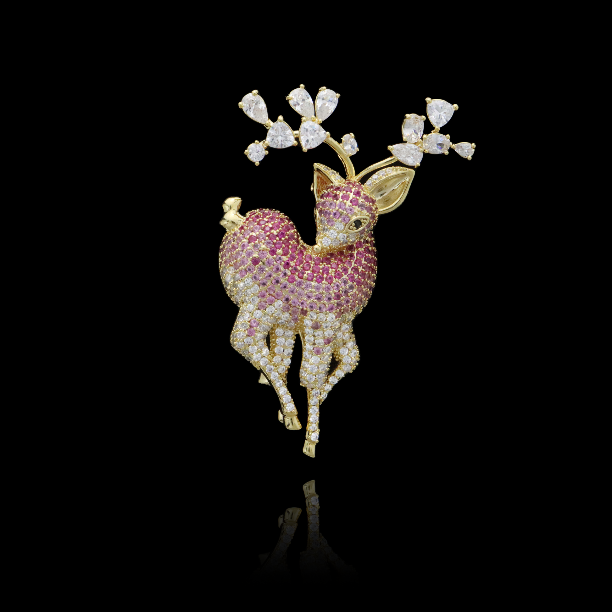 Majestic Fawn Brooch with Radiant Gemstones and Diamond Blossoms