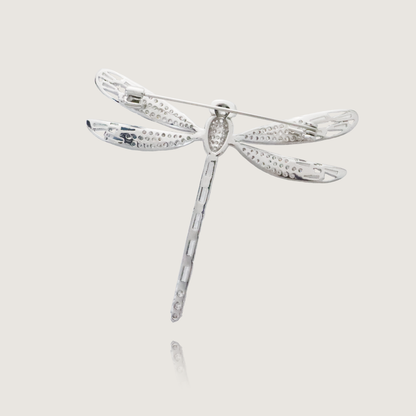 Sleek Silver Dragonfly Brooch with Diamond-Encrusted Wings and Body